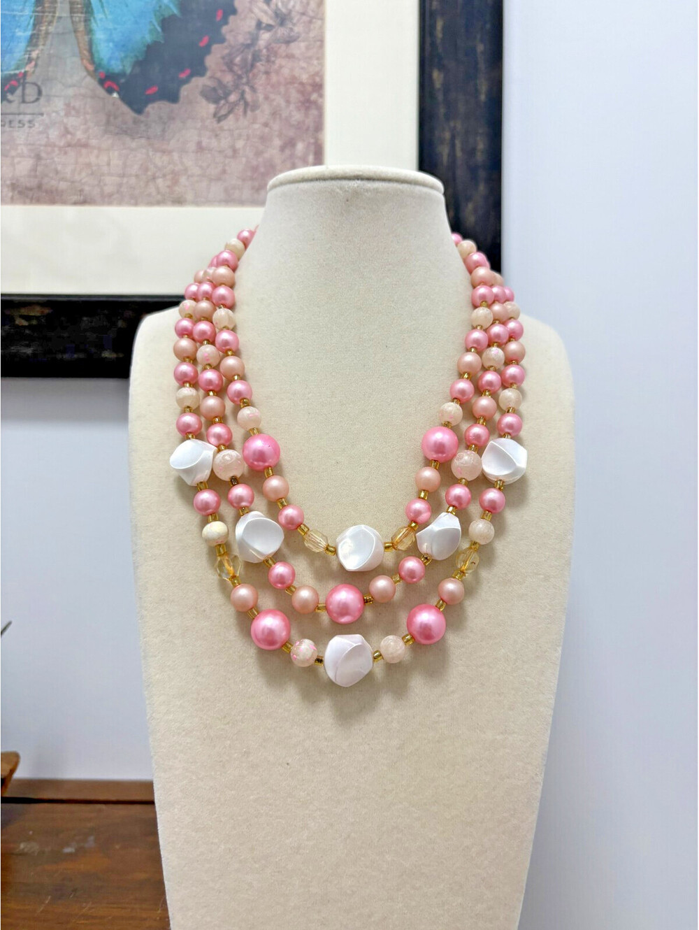 Vintage Japan Triple Strand Pink Plastic Layered Bead Statement Necklace